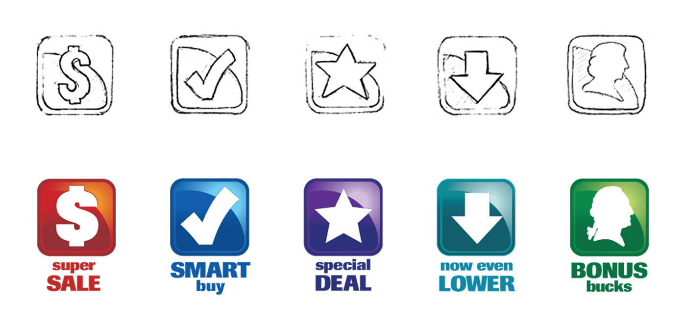 Price Icons Sketches and Completed Graphics 